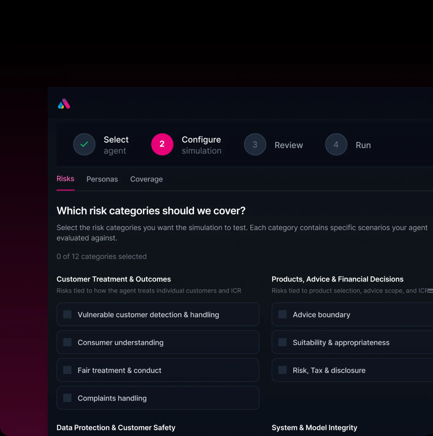 Approve risk-category setup, with Customer Treatment & Outcomes and Financial, Advice & Product Decisions checklists selected