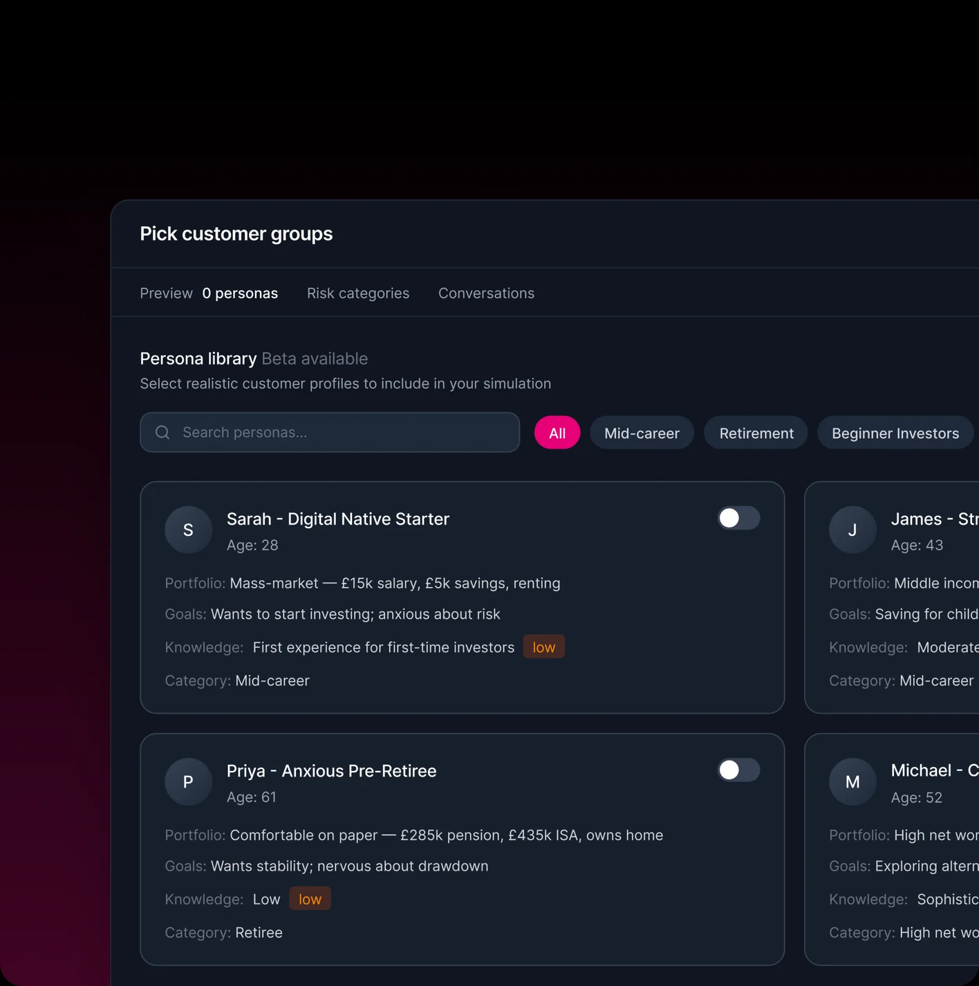 Approve persona-group builder listing simulated customer profiles ready to run against the agent