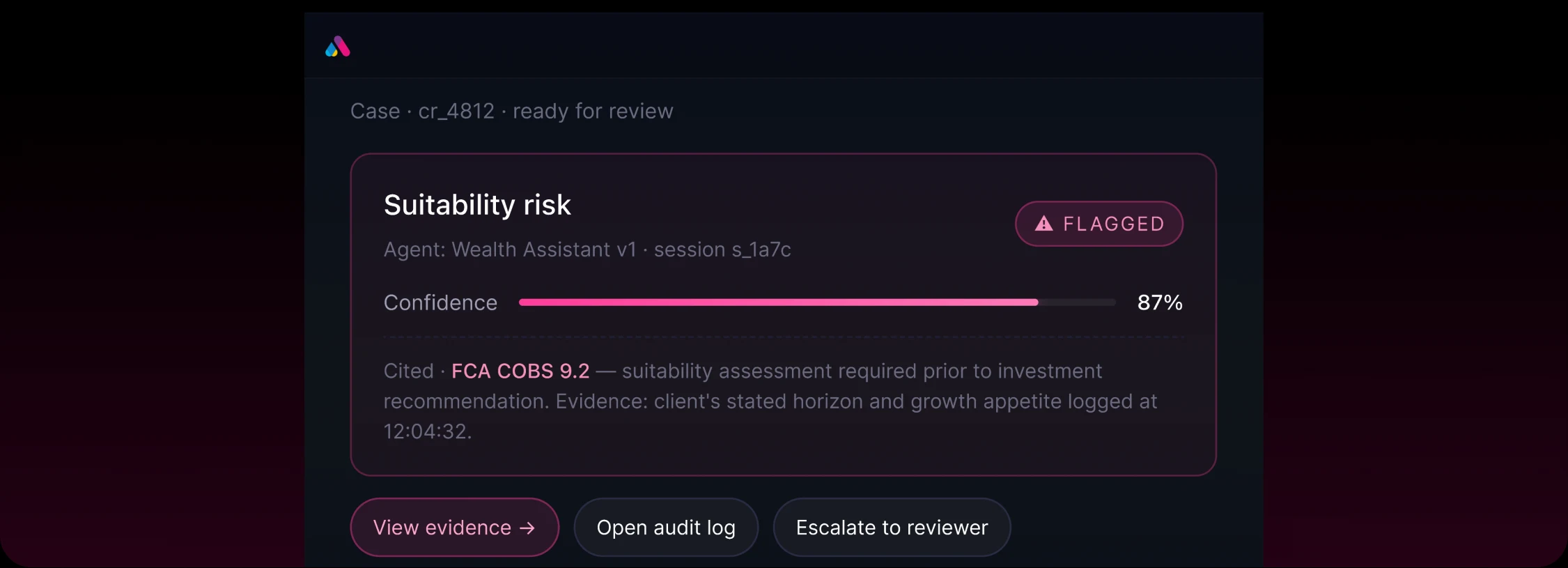 Suitability decision panel with confidence score and evidence, showing accept and escalate actions