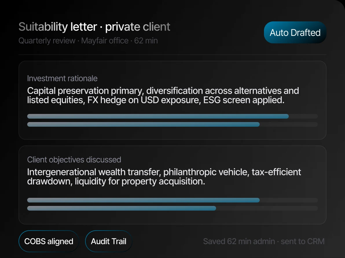 An Aveni Assist draft suitability letter for a private client, with investment rationale and client objectives