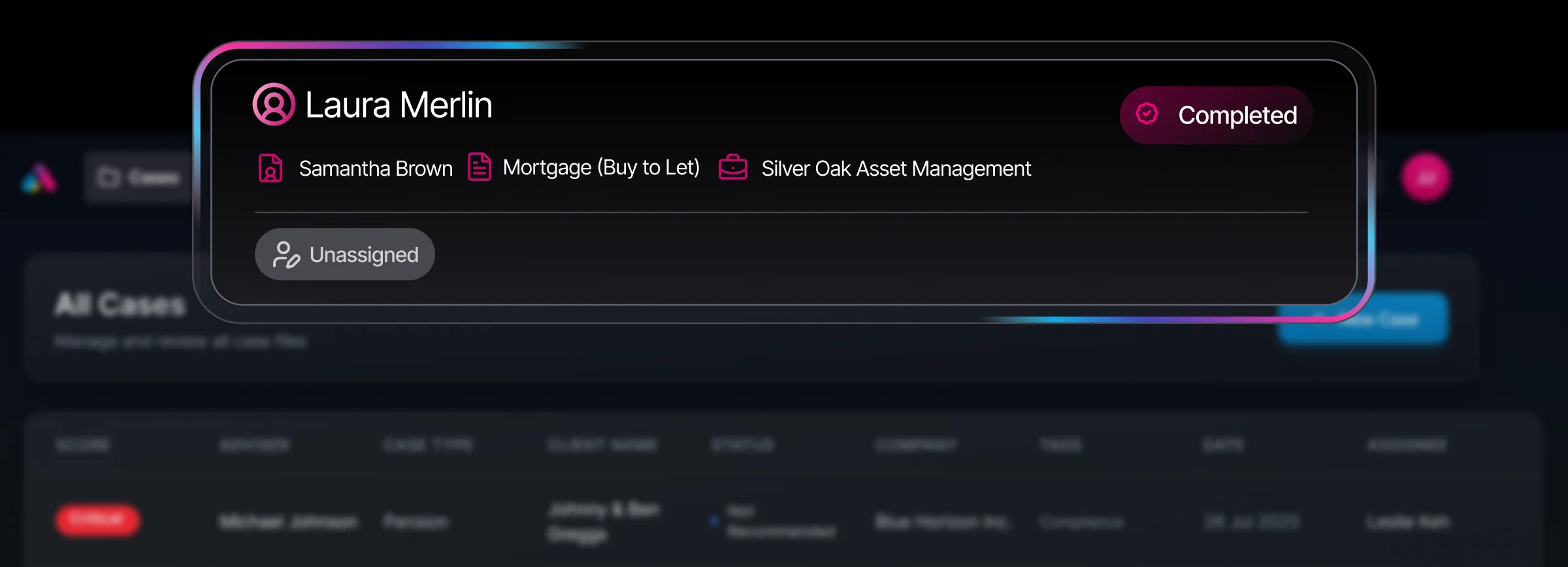 Detect case dashboard showing a completed Customer Care assessment for Laura Merlin