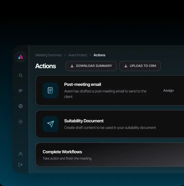 Aveni Assist actions: a drafted post-meeting email and a suitability document